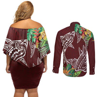 Polynesia Couples Matching Off Shoulder Short Dress and Long Sleeve Button Shirt Sharks Duo Tropical Oxblood