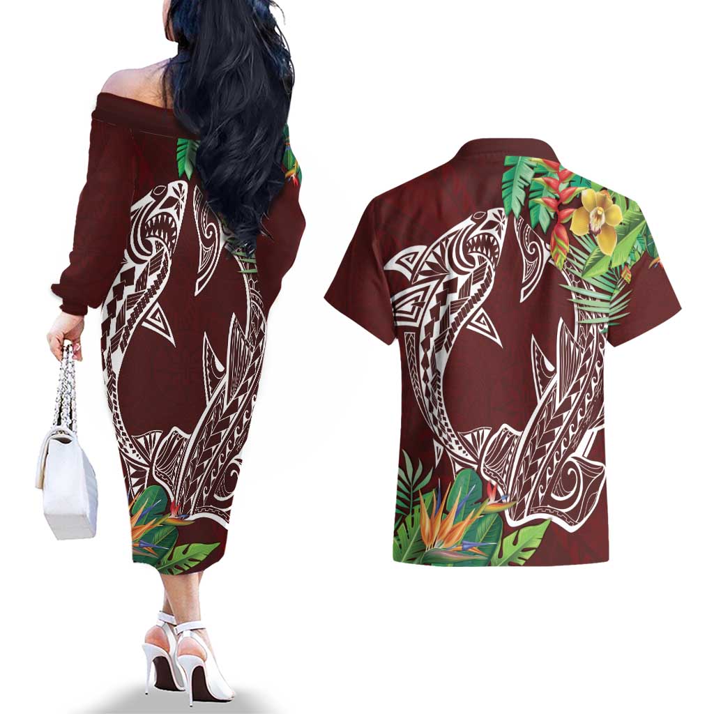 Polynesia Couples Matching Off The Shoulder Long Sleeve Dress and Hawaiian Shirt Sharks Duo Tropical Oxblood