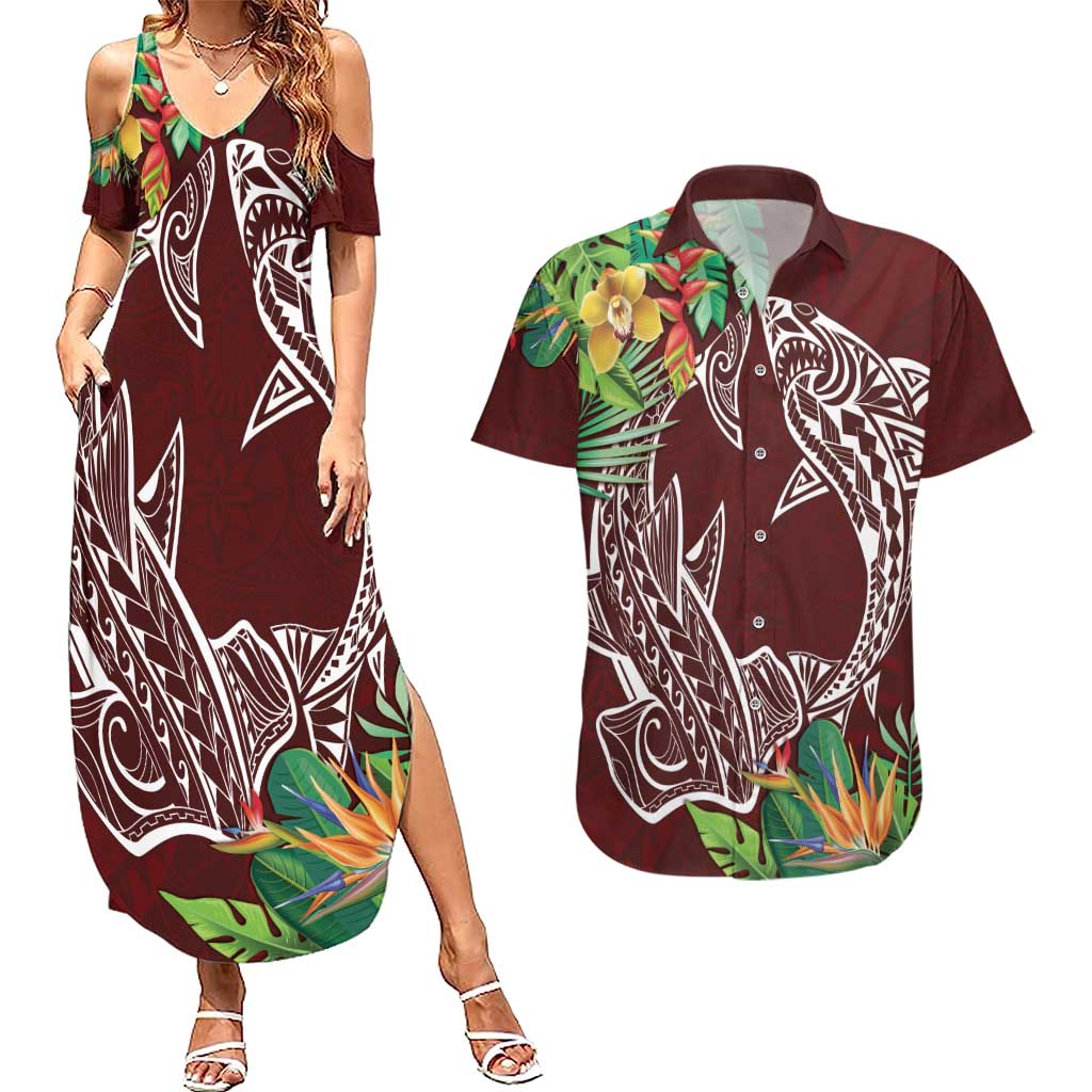 Polynesia Couples Matching Summer Maxi Dress and Hawaiian Shirt Sharks Duo Tropical Oxblood LT7 Oxblood - Polynesian Pride