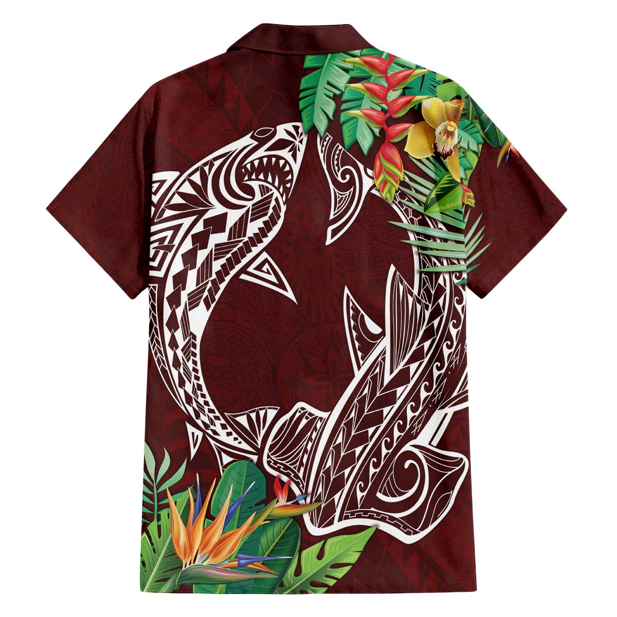 Polynesia Family Matching Off The Shoulder Long Sleeve Dress and Hawaiian Shirt Sharks Duo Tropical Oxblood LT7 - Polynesian Pride