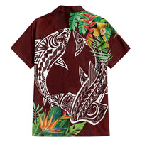Polynesia Family Matching Off The Shoulder Long Sleeve Dress and Hawaiian Shirt Sharks Duo Tropical Oxblood LT7 - Polynesian Pride