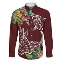 Polynesia Family Matching Off The Shoulder Long Sleeve Dress and Hawaiian Shirt Sharks Duo Tropical Oxblood LT7 Dad's Shirt - Long Sleeve Oxblood - Polynesian Pride