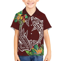 Polynesia Family Matching Off The Shoulder Long Sleeve Dress and Hawaiian Shirt Sharks Duo Tropical Oxblood LT7 Son's Shirt Oxblood - Polynesian Pride