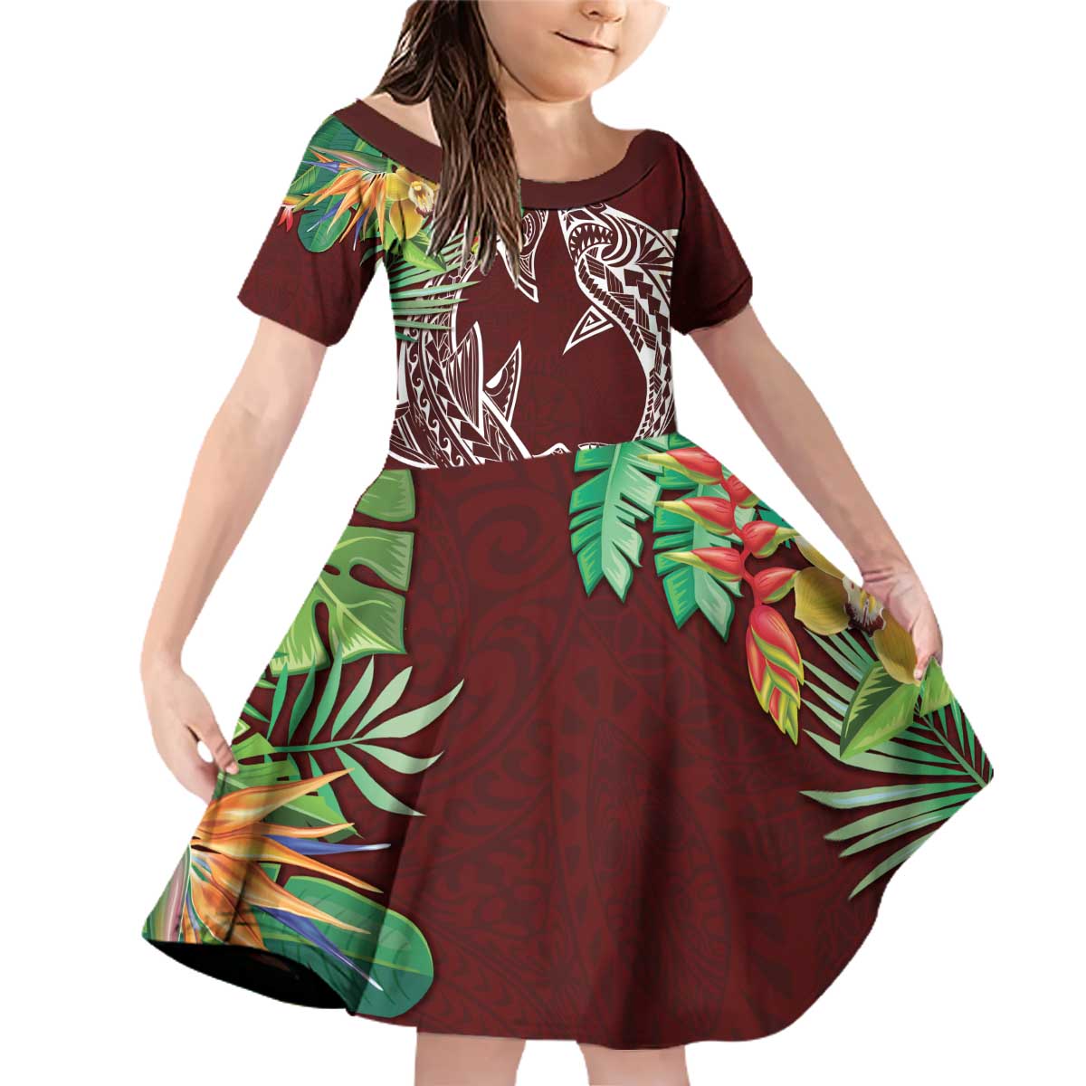 Polynesia Family Matching Off Shoulder Short Dress and Hawaiian Shirt Sharks Duo Tropical Oxblood