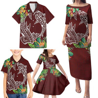 Polynesia Family Matching Puletasi and Hawaiian Shirt Sharks Duo Tropical Oxblood