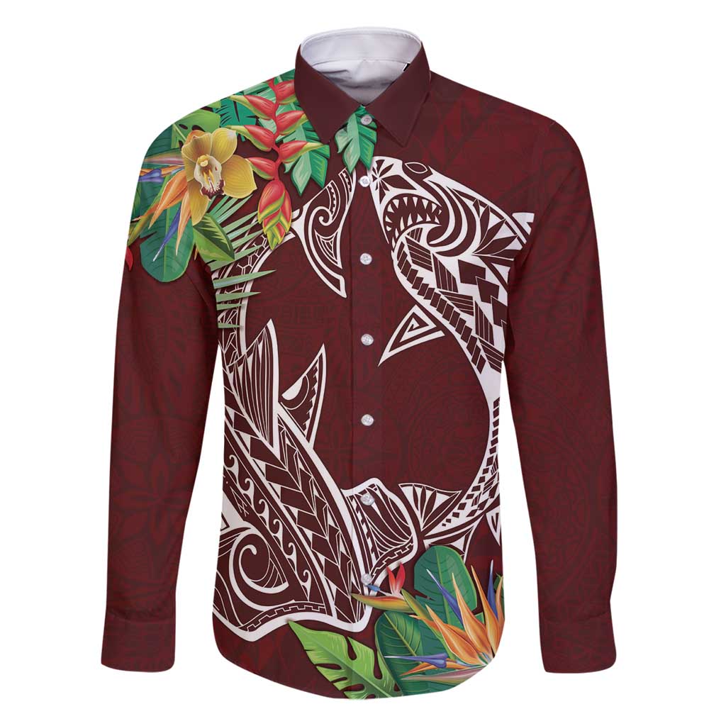 Polynesia Family Matching Tank Maxi Dress and Hawaiian Shirt Sharks Duo Tropical Oxblood LT7 Dad's Shirt - Long Sleeve Oxblood - Polynesian Pride