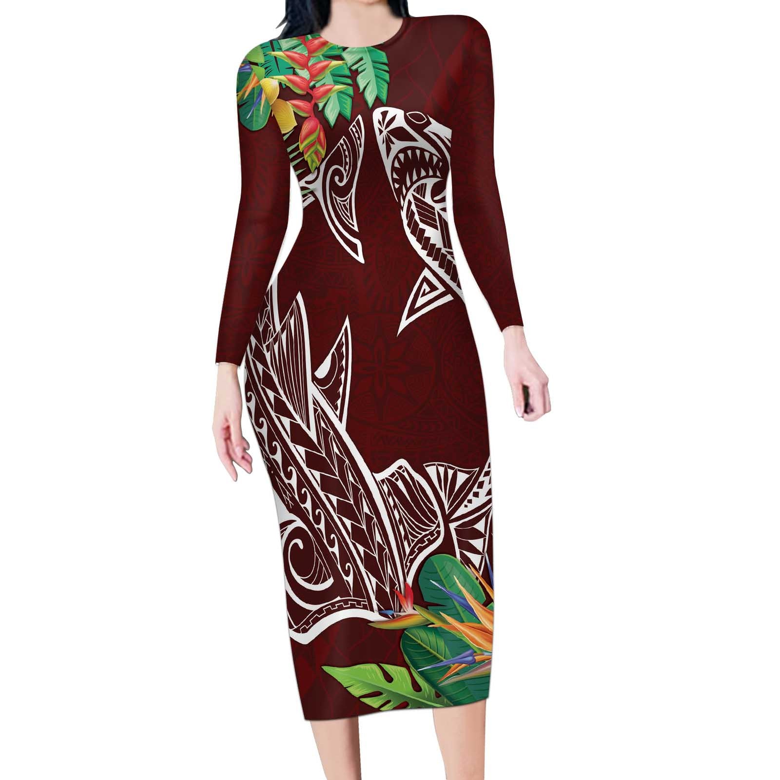 Polynesia Long Sleeve Bodycon Dress Sharks Duo Tropical Oxblood LT7 Long Dress Oxblood - Polynesian Pride