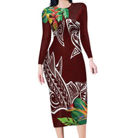 Polynesia Long Sleeve Bodycon Dress Sharks Duo Tropical Oxblood