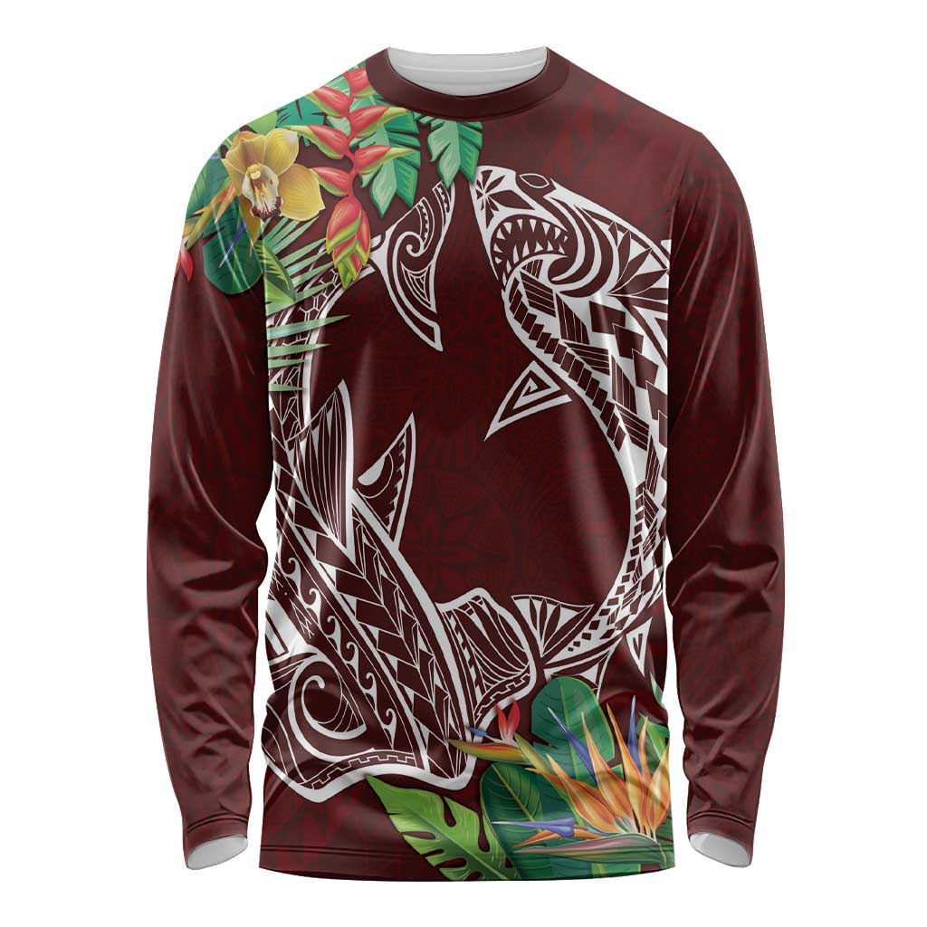 Polynesia Long Sleeve Shirt Sharks Duo Tropical Oxblood LT7 Unisex Oxblood - Polynesian Pride