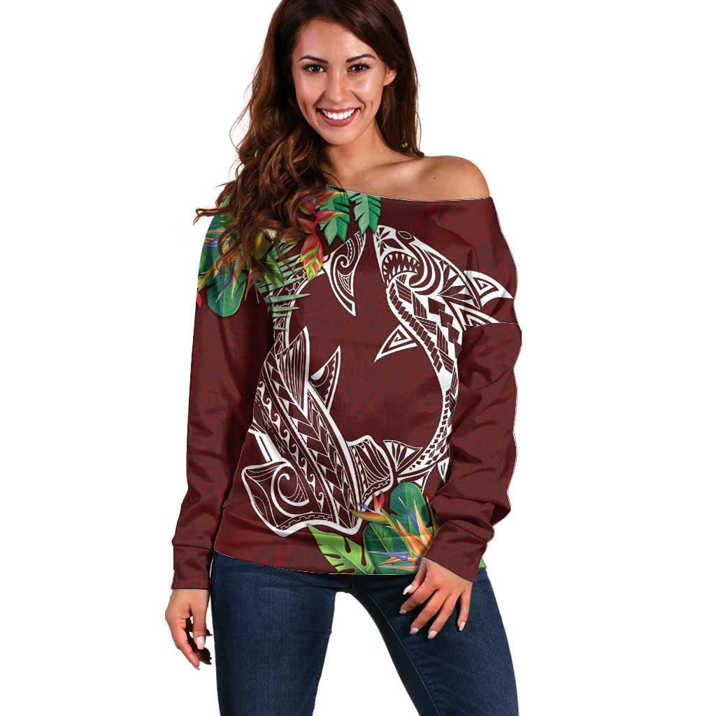 Polynesia Off Shoulder Sweater Sharks Duo Tropical Oxblood LT7 Women Oxblood - Polynesian Pride