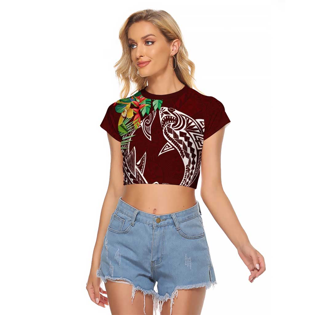 Polynesia Raglan Cropped T Shirt Sharks Duo Tropical Oxblood LT7 Female Oxblood - Polynesian Pride