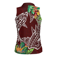 Polynesia Women Sleeveless Polo Shirt Sharks Duo Tropical Oxblood