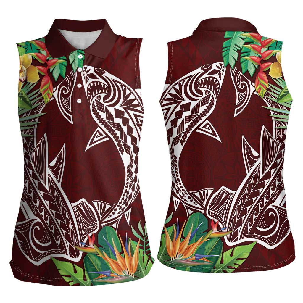 Polynesia Women Sleeveless Polo Shirt Sharks Duo Tropical Oxblood