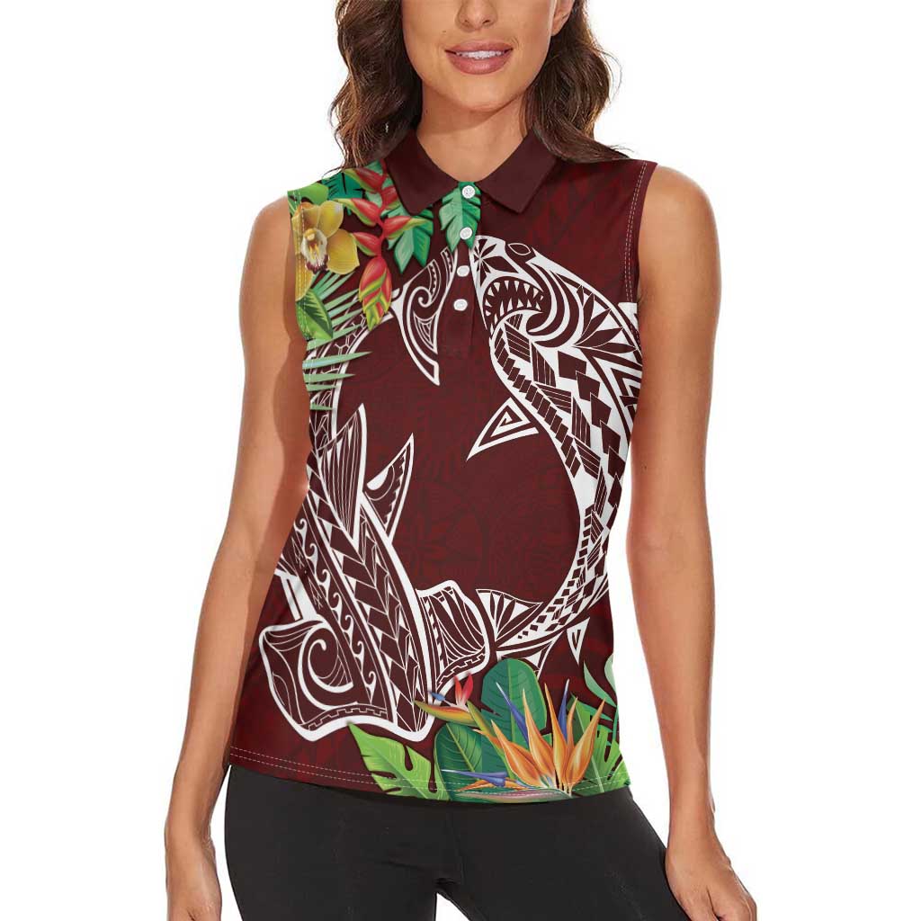 Polynesia Women Sleeveless Polo Shirt Sharks Duo Tropical Oxblood