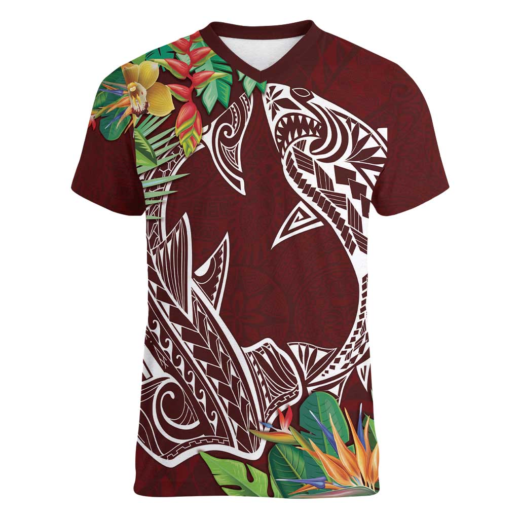 Polynesia Women V-Neck T-Shirt Sharks Duo Tropical Oxblood LT7 Female Oxblood - Polynesian Pride