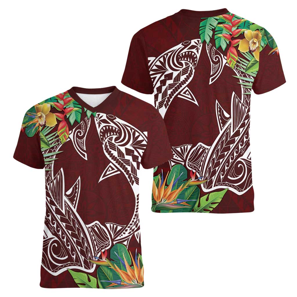 Polynesia Women V-Neck T-Shirt Sharks Duo Tropical Oxblood