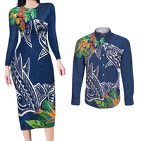 Polynesia Couples Matching Long Sleeve Bodycon Dress and Long Sleeve Button Shirt Sharks Duo Tropical Navy