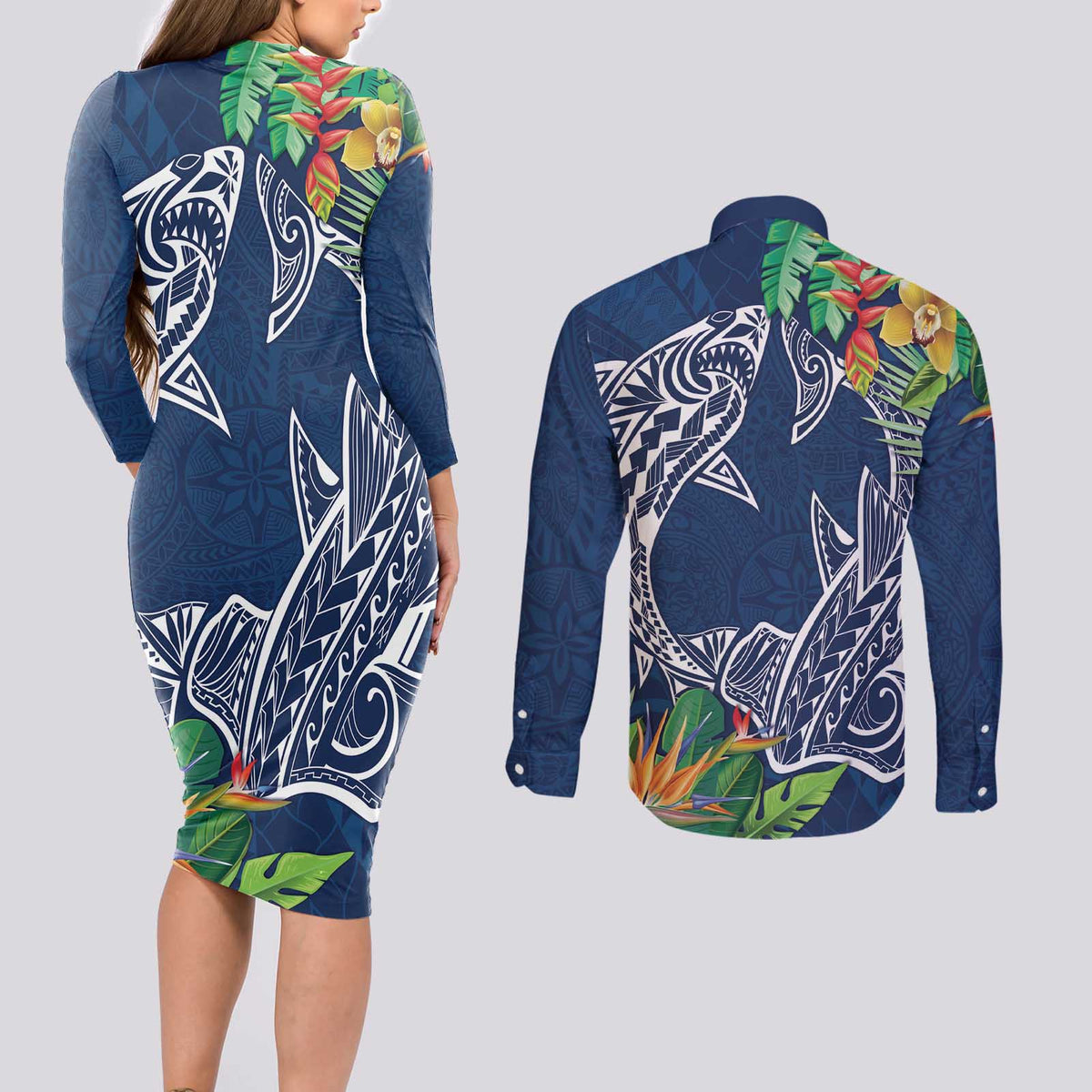 Polynesia Couples Matching Long Sleeve Bodycon Dress and Long Sleeve Button Shirt Sharks Duo Tropical Navy