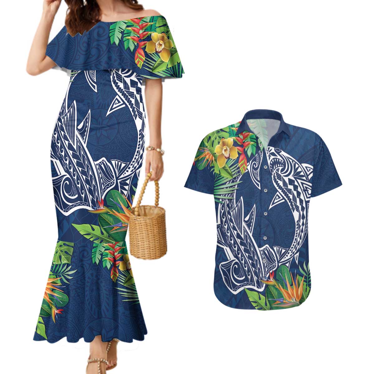 Polynesia Couples Matching Mermaid Dress and Hawaiian Shirt Sharks Duo Tropical Navy LT7 Navy - Polynesian Pride