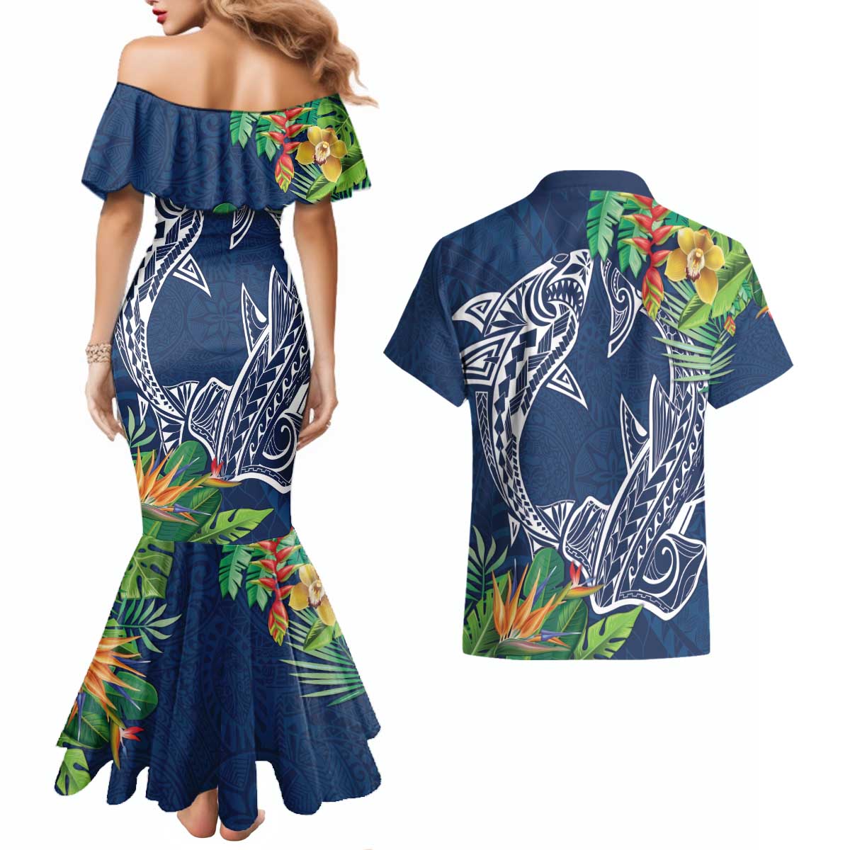 Polynesia Couples Matching Mermaid Dress and Hawaiian Shirt Sharks Duo Tropical Navy