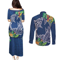 Polynesia Couples Matching Puletasi and Long Sleeve Button Shirt Sharks Duo Tropical Navy