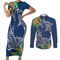 Polynesia Couples Matching Short Sleeve Bodycon Dress and Long Sleeve Button Shirt Sharks Duo Tropical Navy