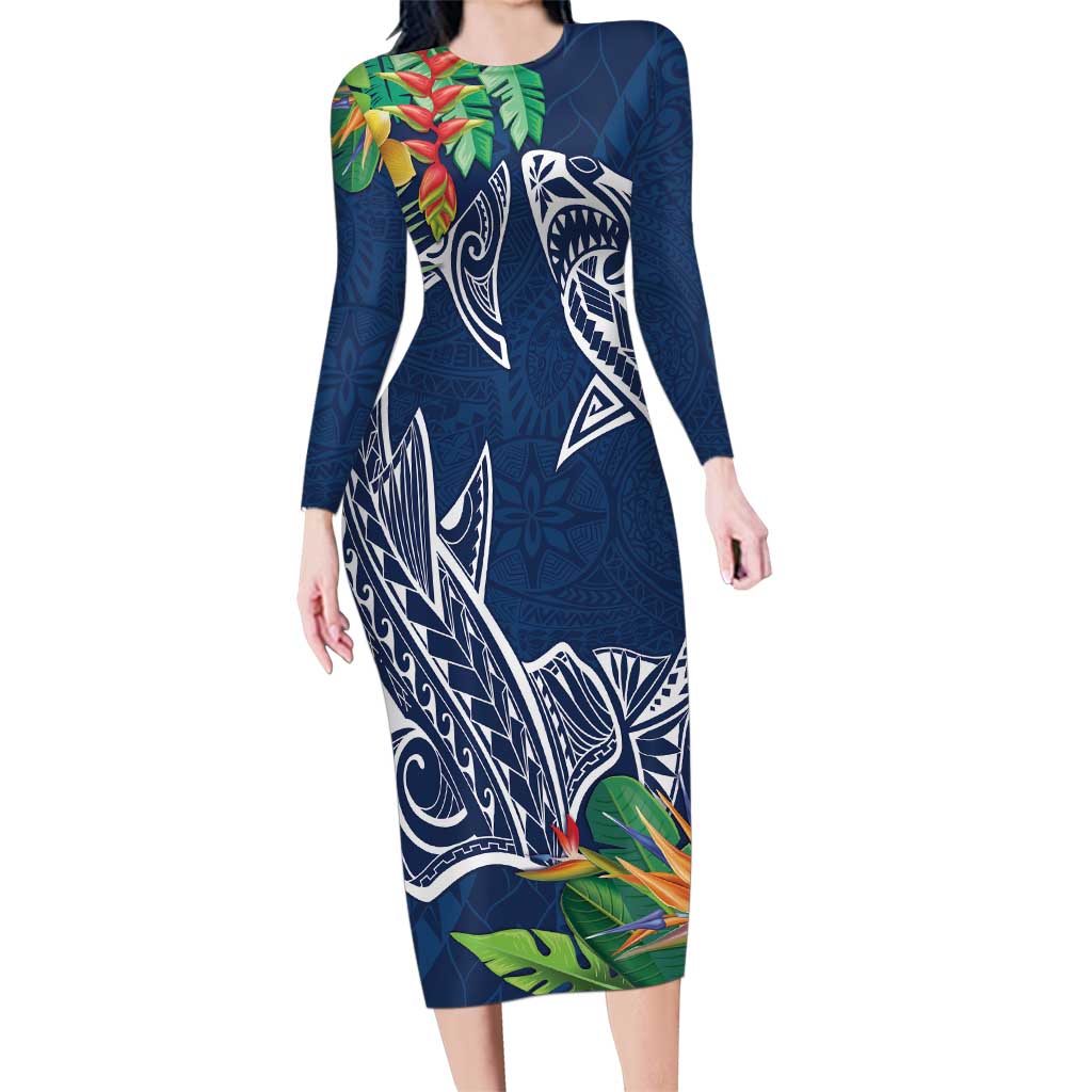 Polynesia Family Matching Long Sleeve Bodycon Dress and Hawaiian Shirt Sharks Duo Tropical Navy