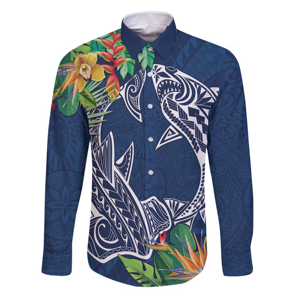Polynesia Family Matching Mermaid Dress and Hawaiian Shirt Sharks Duo Tropical Navy LT7 Dad's Shirt - Long Sleeve Navy - Polynesian Pride