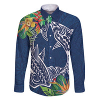 Polynesia Family Matching Mermaid Dress and Hawaiian Shirt Sharks Duo Tropical Navy LT7 Dad's Shirt - Long Sleeve Navy - Polynesian Pride