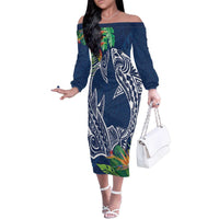 Polynesia Family Matching Off The Shoulder Long Sleeve Dress and Hawaiian Shirt Sharks Duo Tropical Navy