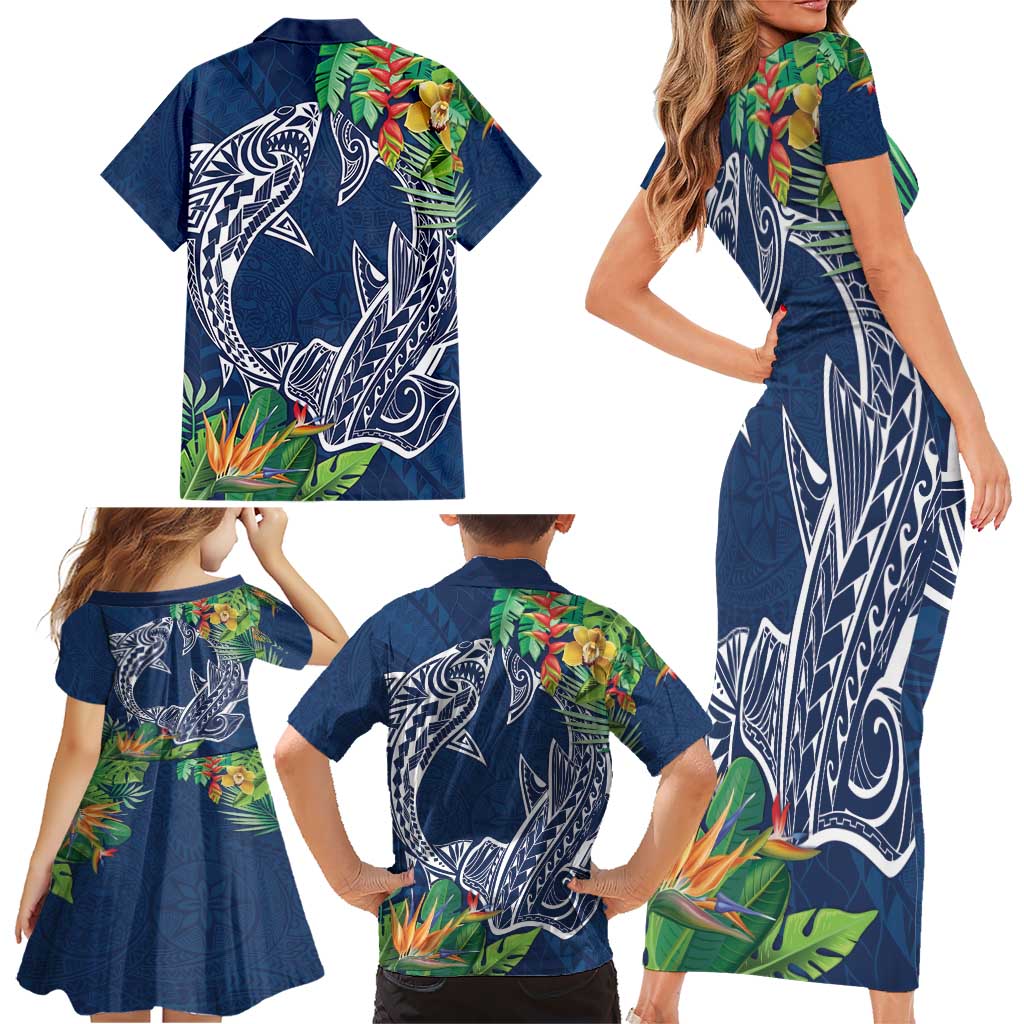 Polynesia Family Matching Short Sleeve Bodycon Dress and Hawaiian Shirt Sharks Duo Tropical Navy