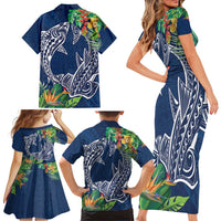 Polynesia Family Matching Short Sleeve Bodycon Dress and Hawaiian Shirt Sharks Duo Tropical Navy