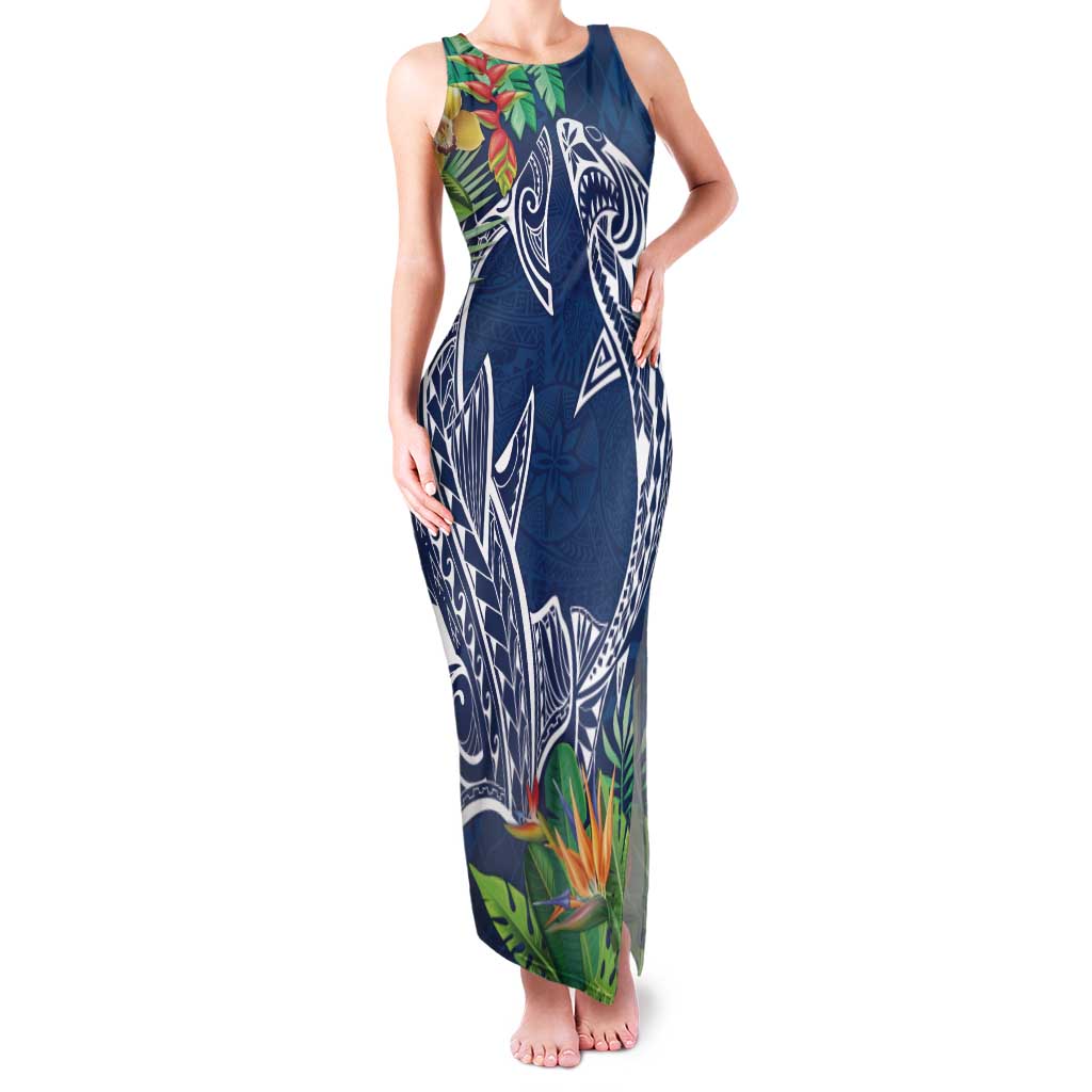 Polynesia Family Matching Tank Maxi Dress and Hawaiian Shirt Sharks Duo Tropical Navy