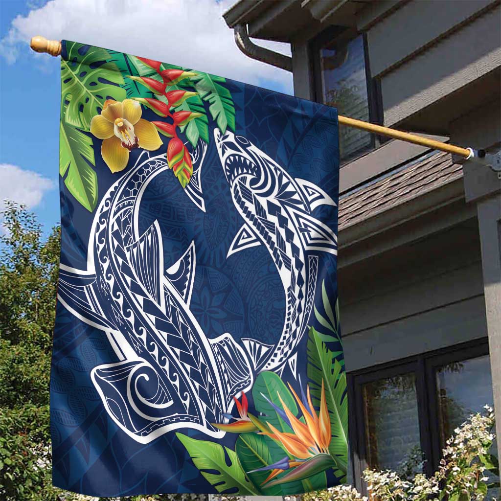 Polynesia Garden Flag Sharks Duo Tropical Navy