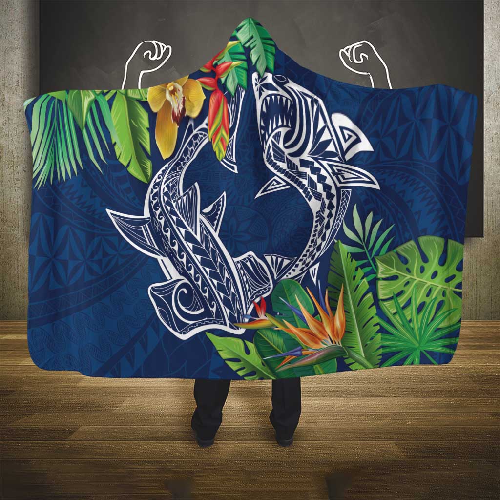 Polynesia Hooded Blanket Sharks Duo Tropical Navy