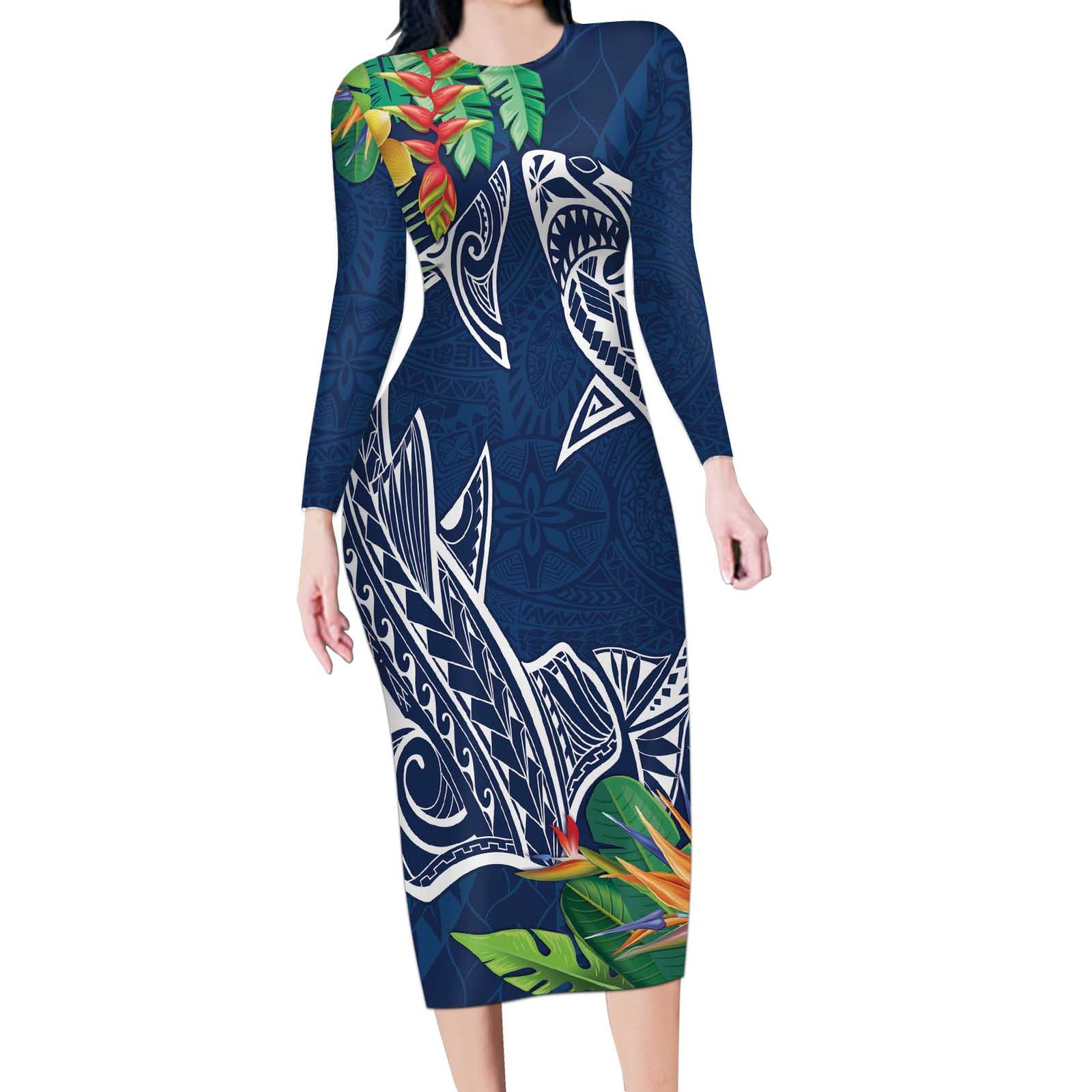 Polynesia Long Sleeve Bodycon Dress Sharks Duo Tropical Navy LT7 Long Dress Navy - Polynesian Pride