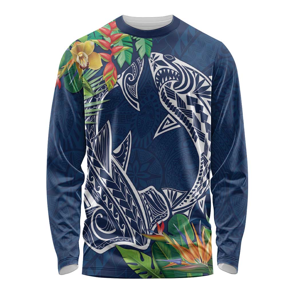 Polynesia Long Sleeve Shirt Sharks Duo Tropical Navy LT7 Unisex Navy - Polynesian Pride