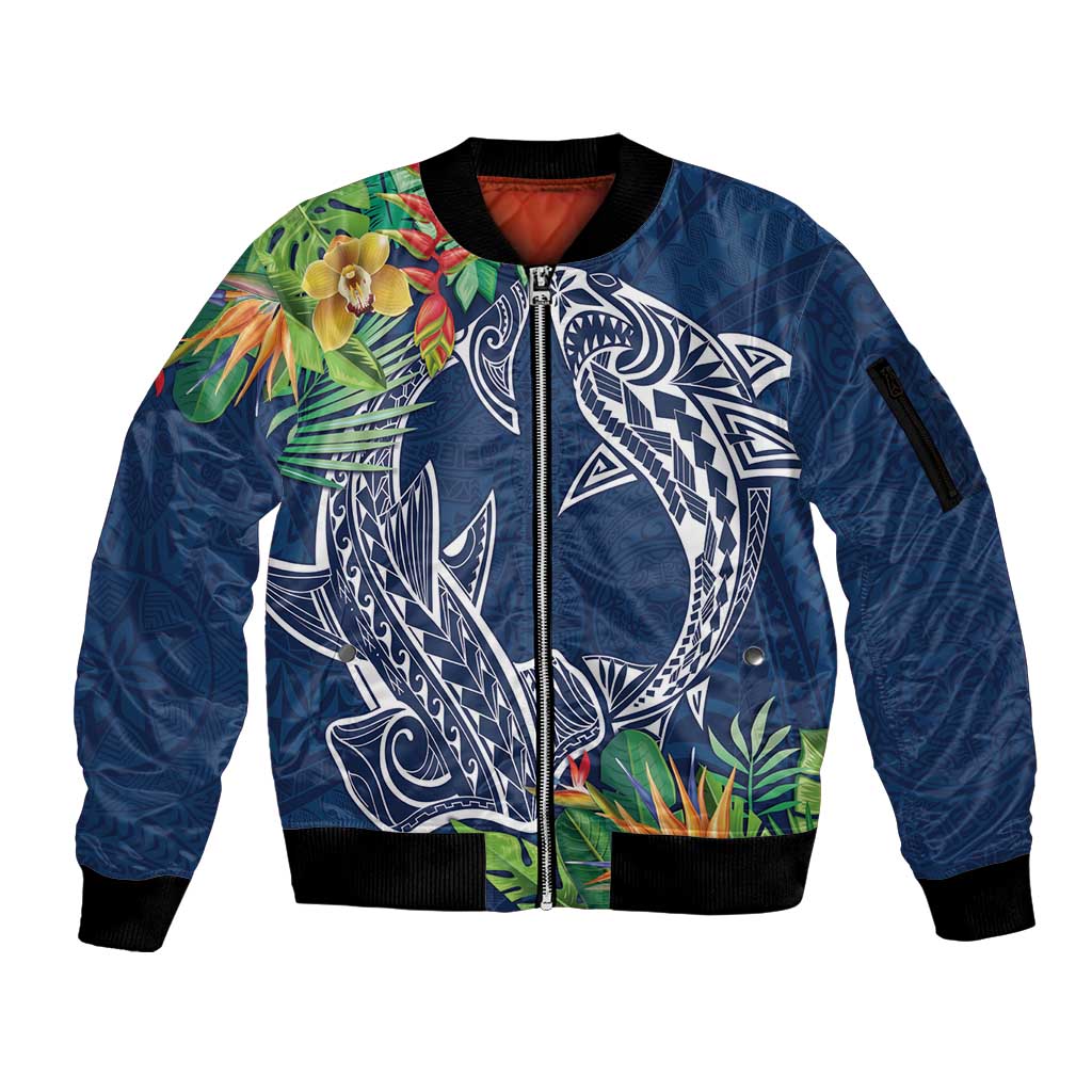 Polynesia Sleeve Zip Bomber Jacket Sharks Duo Tropical Navy LT7 Unisex Navy - Polynesian Pride