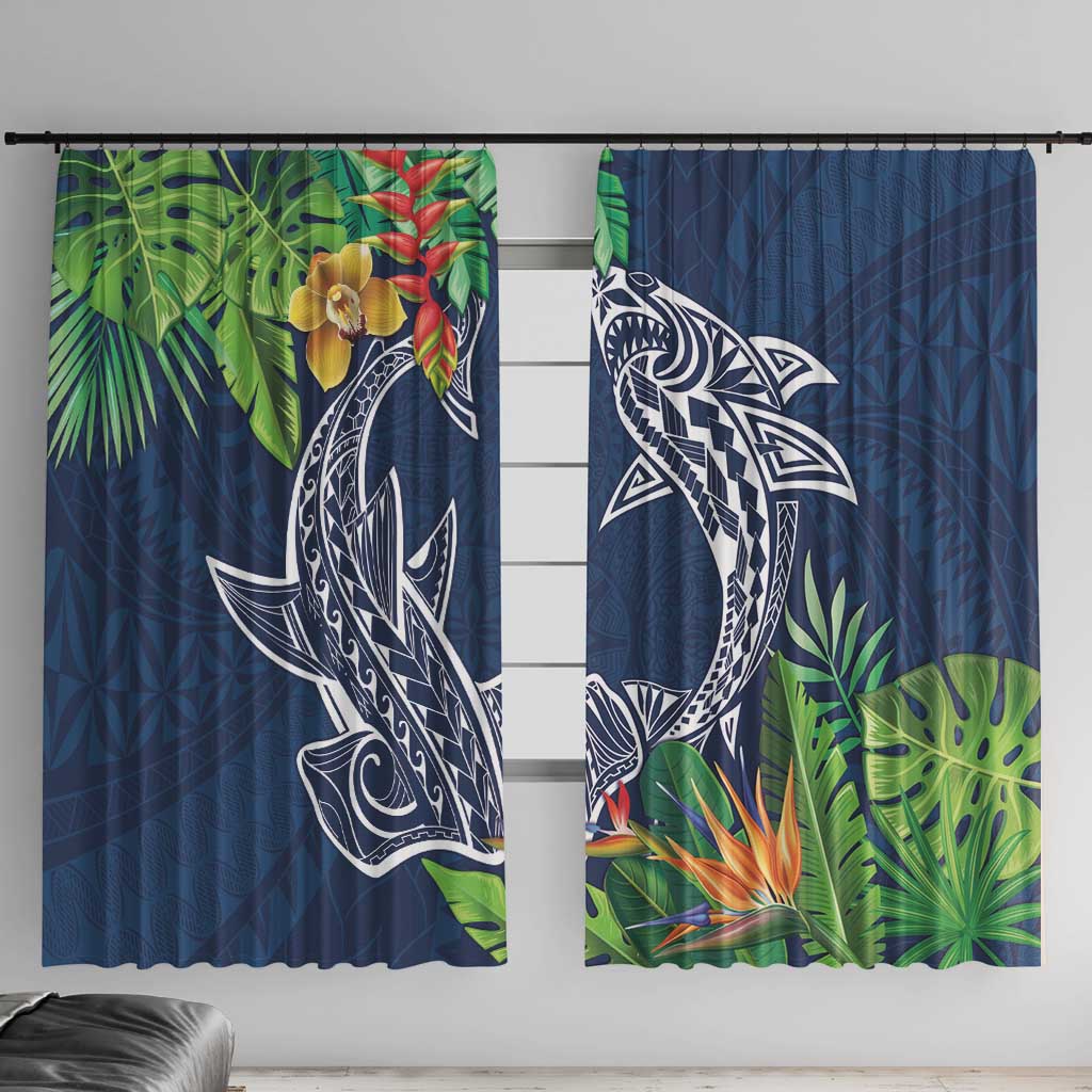 Polynesia Window Curtain Sharks Duo Tropical Navy LT7 With Hooks Navy - Polynesian Pride