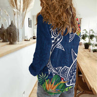 Polynesia Women Casual Shirt Sharks Duo Tropical Navy