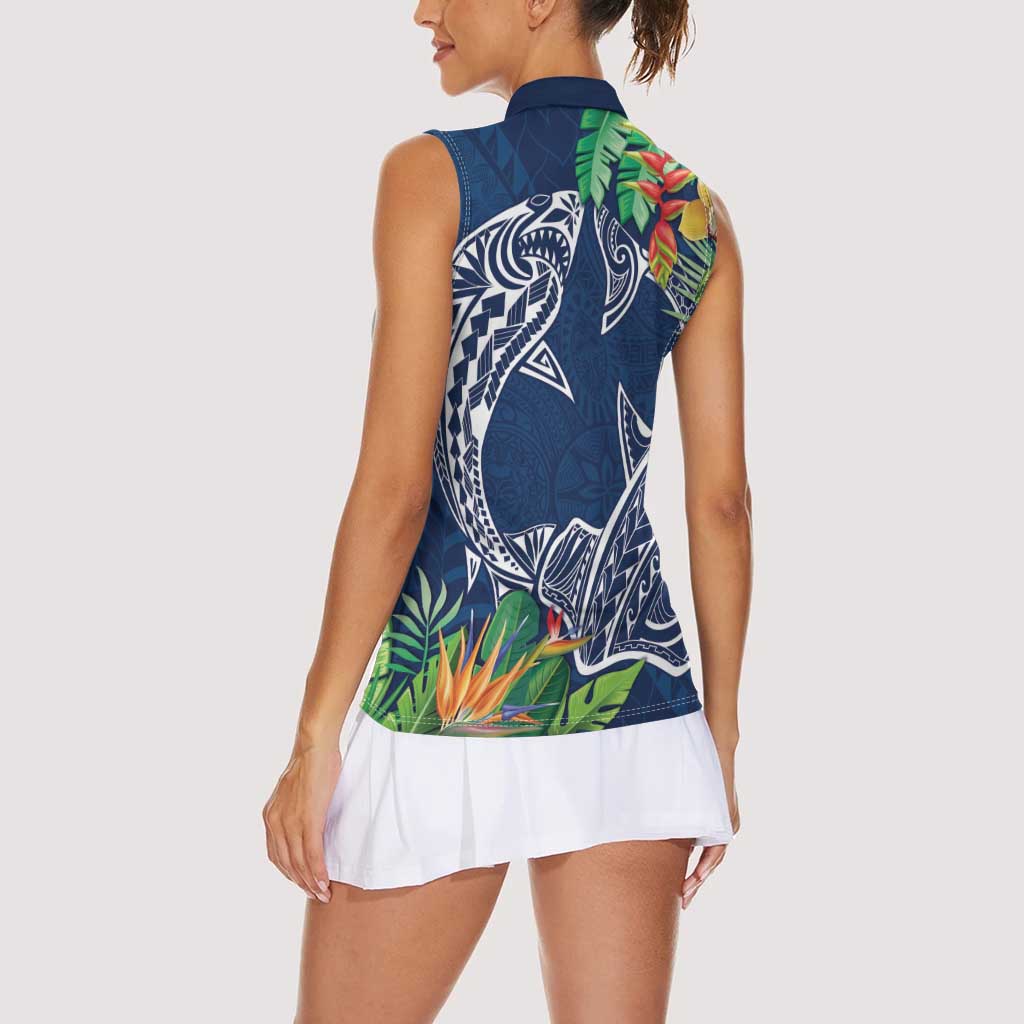 Polynesia Women Sleeveless Polo Shirt Sharks Duo Tropical Navy