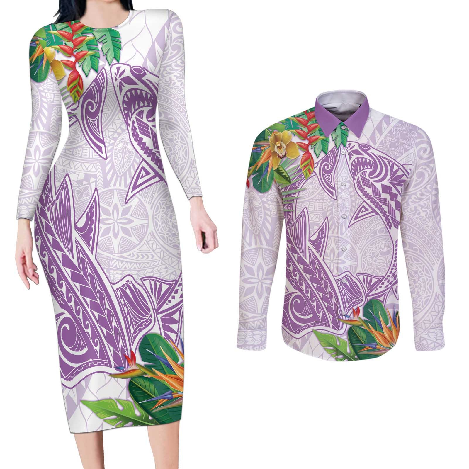 Polynesia Couples Matching Long Sleeve Bodycon Dress and Long Sleeve Button Shirt Sharks Duo Tropical Lavender LT7 Lavender - Polynesian Pride