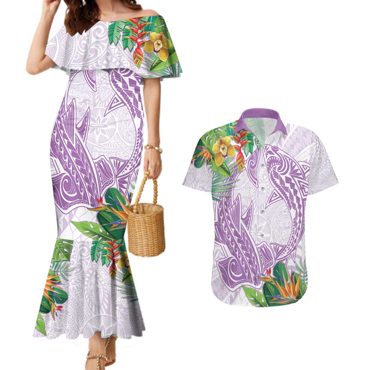 Polynesia Couples Matching Mermaid Dress and Hawaiian Shirt Sharks Duo Tropical Lavender LT7 Lavender - Polynesian Pride