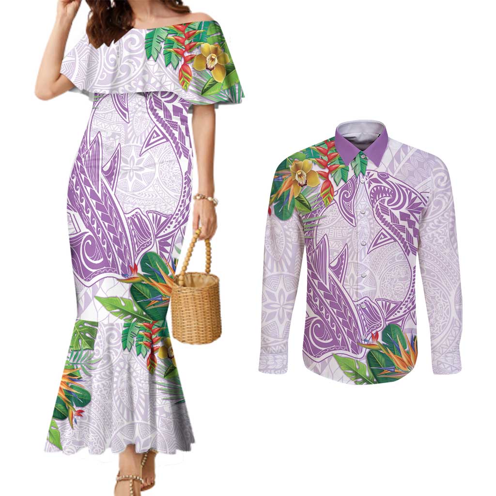 Polynesia Couples Matching Mermaid Dress and Long Sleeve Button Shirt Sharks Duo Tropical Lavender LT7 Lavender - Polynesian Pride
