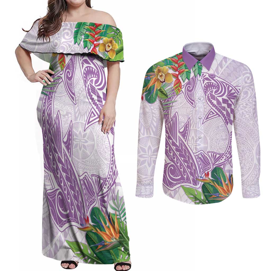 Polynesia Couples Matching Off Shoulder Maxi Dress and Long Sleeve Button Shirt Sharks Duo Tropical Lavender LT7 Lavender - Polynesian Pride
