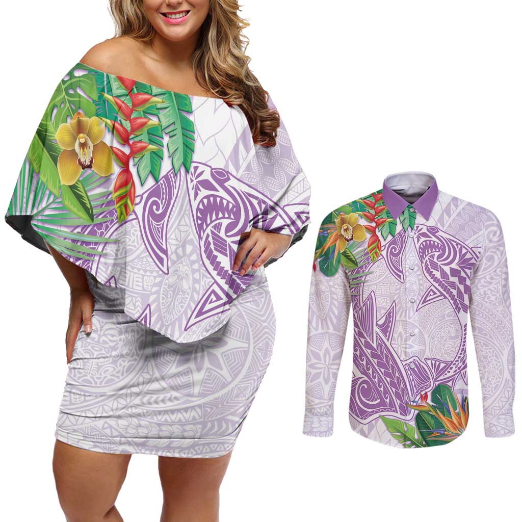 Polynesia Couples Matching Off Shoulder Short Dress and Long Sleeve Button Shirt Sharks Duo Tropical Lavender LT7 Lavender - Polynesian Pride