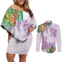 Polynesia Couples Matching Off Shoulder Short Dress and Long Sleeve Button Shirt Sharks Duo Tropical Lavender