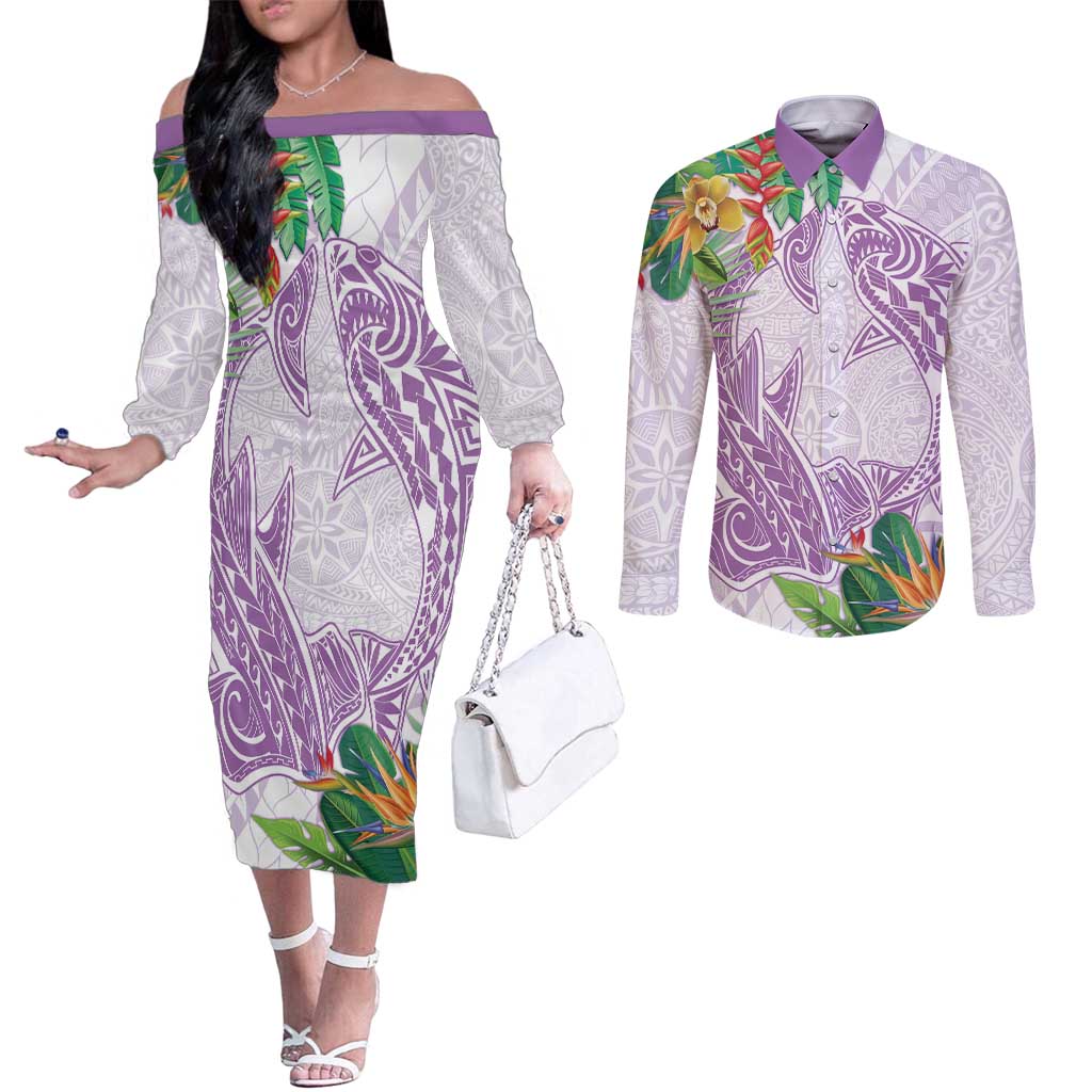 Polynesia Couples Matching Off The Shoulder Long Sleeve Dress and Long Sleeve Button Shirt Sharks Duo Tropical Lavender LT7 Lavender - Polynesian Pride