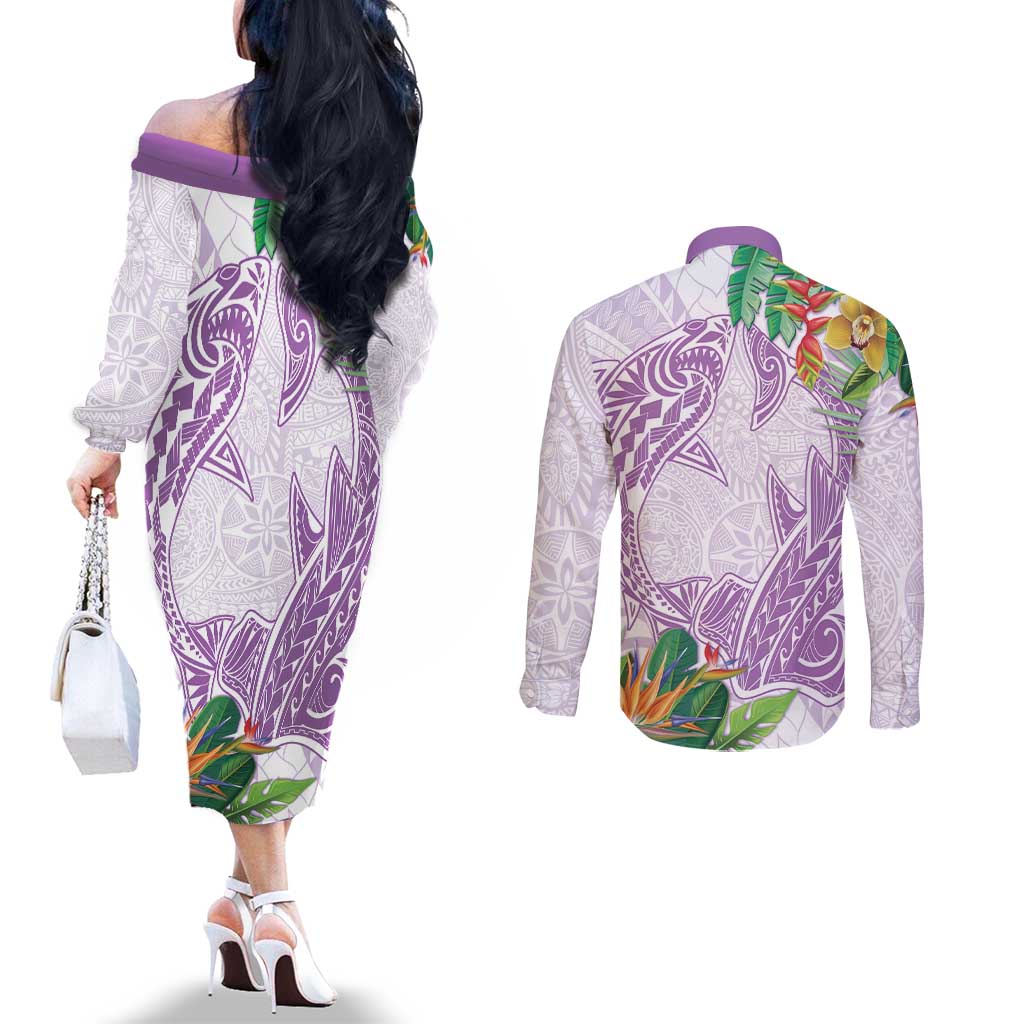 Polynesia Couples Matching Off The Shoulder Long Sleeve Dress and Long Sleeve Button Shirt Sharks Duo Tropical Lavender