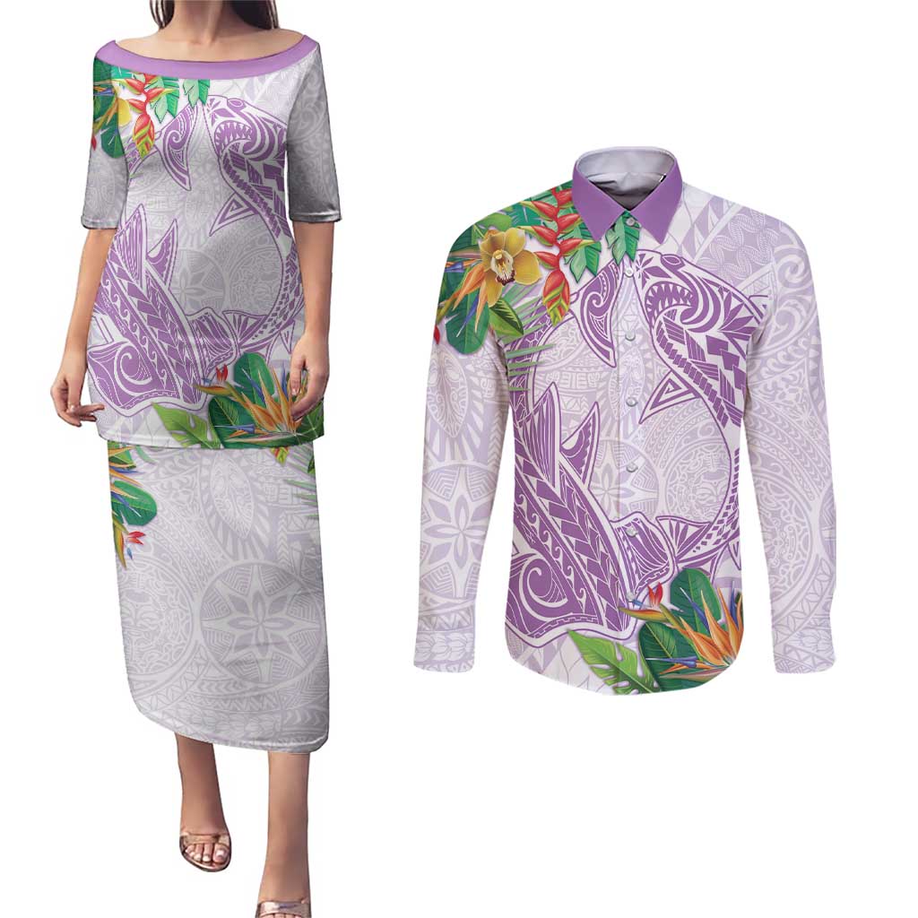 Polynesia Couples Matching Puletasi and Long Sleeve Button Shirt Sharks Duo Tropical Lavender LT7 Lavender - Polynesian Pride